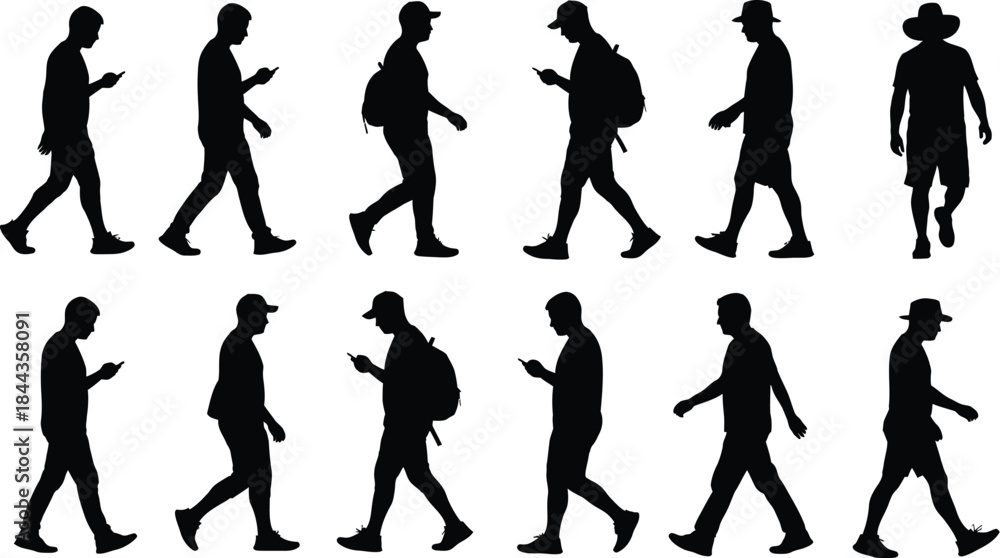Fototapeta premium Twelve black silhouettes of men walking using smartphones outdoors
