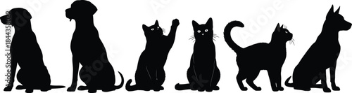 Collection of black cat and dog silhouettes in various poses