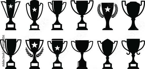Collection of twelve black silhouette trophy icons for awards