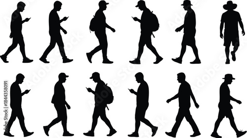Twelve black silhouettes of men walking using smartphones outdoors