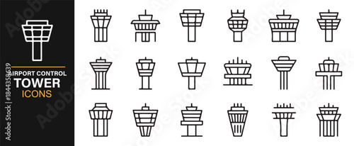 Outline icons of aviation control towers and airport facilities