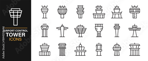 Minimal airport control structures icon set in editable stroke format