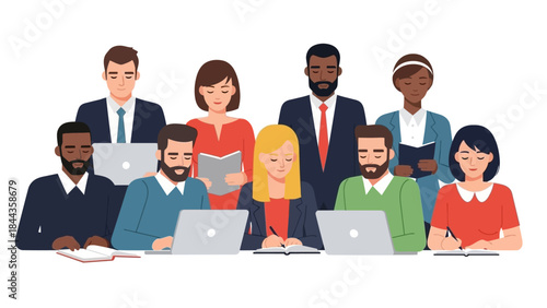 Diverse group of people working together. Team of coworkers with laptops and notebooks. Office workers with different ethnicities. Vector illustration of business team on white background.