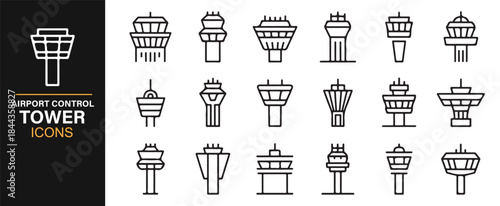 Modern vector airport control tower symbols in clean line style