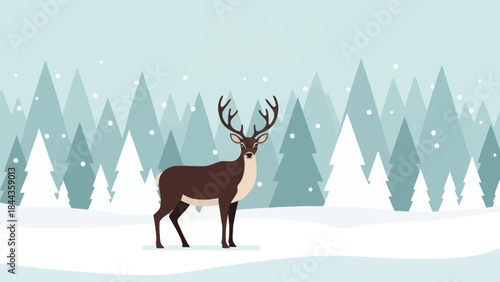 Majestic stag standing gracefully in a serene winter forest landscape, surrounded by snow-covered pine trees and falling snowflakes, embodying the peaceful beauty of the season