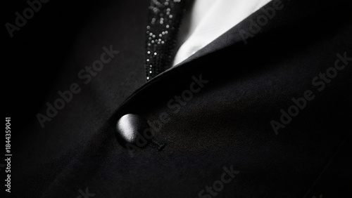 Close-up of elegant black tuxedo jacket with textured glitter lapel. Formal menswear suit detail with button and white shirt