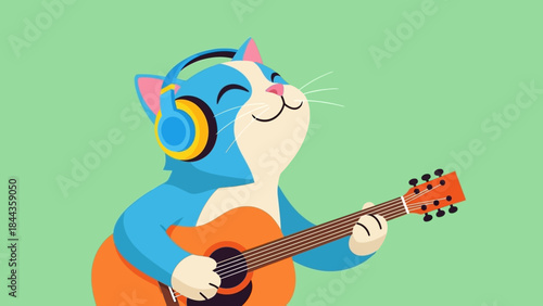 Joyful blue cat with headphones playing an acoustic guitar with closed eyes on a green background