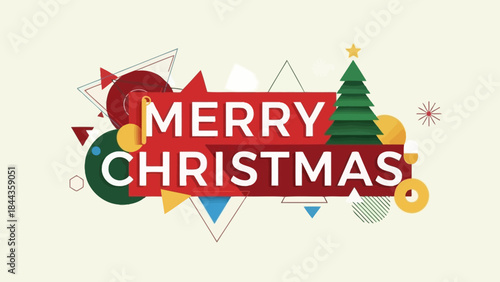 Merry Christmas Greeting with Geometric Shapes and Festive Elements