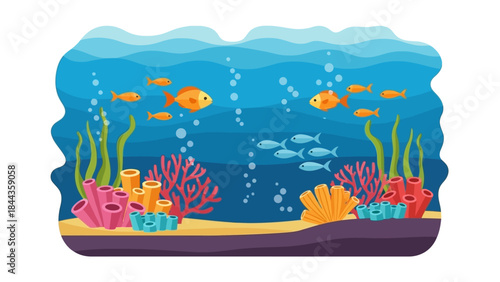 Underwater Scene With Coral Reefs And Schools Of Fish Swimming Amidst Bubbles And Seaweed