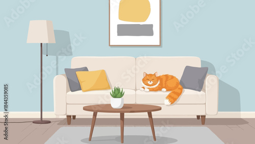 Cozy living room scene with a playful orange cat relaxing on a comfortable sofa, featuring modern decor and a bright atmosphere