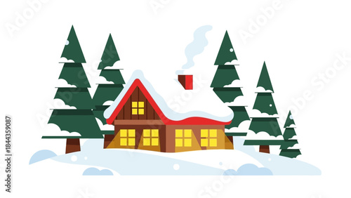 Cozy winter cabin surrounded by snow-covered pine trees, illuminated windows suggesting a warm and inviting atmosphere