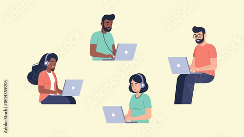 Diverse professionals in remote work and online collaboration. Connecting for virtual meetings, digital learning, promoting teamwork and productivity