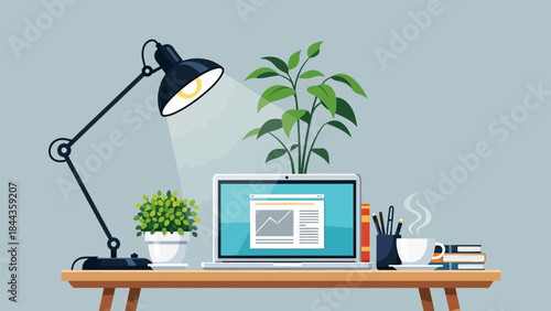 Modern Home Office Desk Setup with Laptop, Lamp, and Plant for Remote Work Productivity and Efficient Study