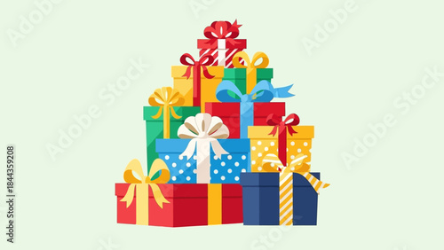 Colorful stacked gift boxes with ribbons and bows, perfect for holiday celebrations and special occasions