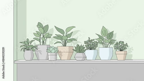 Various Potted Houseplants Lined Up on a Shelf with a Soft Green Wall Background