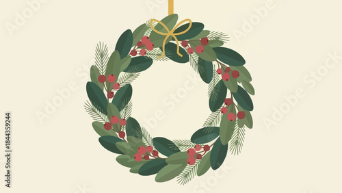 Festive Christmas Wreath Illustration with Holly Berries and Pine Needles