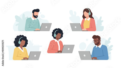 Diverse Team Working Remotely on Laptops with Headphones, Illustrating Online Collaboration and Virtual Communication for Modern Business Operations