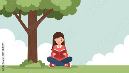 A Young Girl Sitting Under a Tree, Enjoying Reading a Book in a Peaceful Outdoor Setting