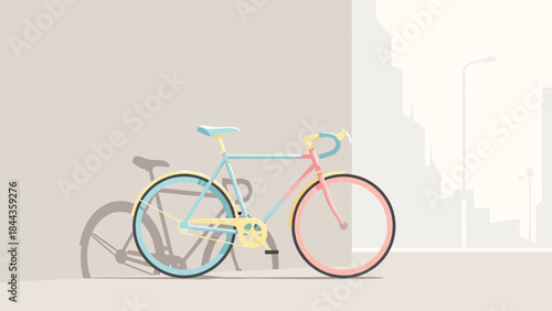 Vibrant Colorful Bicycle Casting a Shadow Against a Textured Wall in an Urban Environment