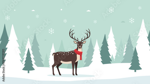 A graceful wild deer, wearing a cozy red scarf, stands peacefully in a snow-covered winter forest, with gentle flakes falling, creating a serene and festive seasonal charm