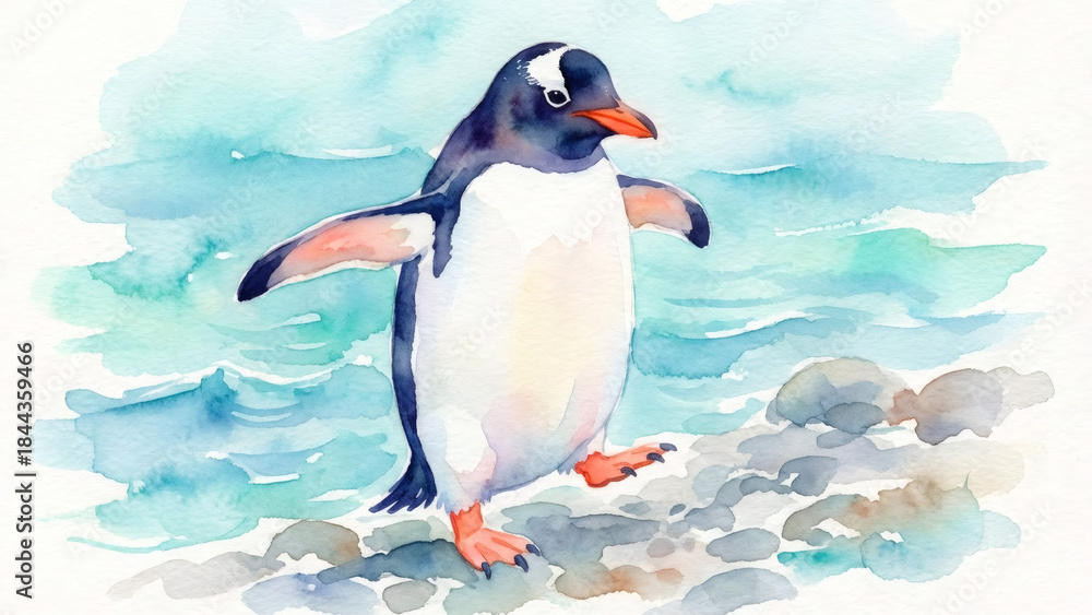 Fototapeta premium Watercolor illustration of a cute penguin walking on a rocky beach. Hand painted art of an Antarctic bird near the sea