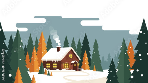 Cozy winter cabin nestled among snow-covered pine trees with warm light emanating from windows