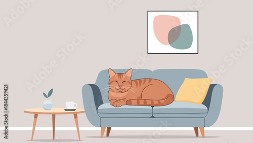 A blissful orange tabby cat finds cozy comfort and a peaceful nap, sweetly curled up on a modern blue sofa within a serene minimalist living room setting
