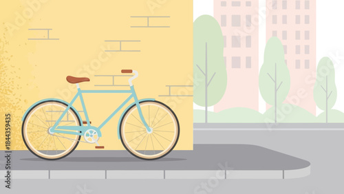 Light blue bicycle leaning against a brick wall in a city street scene with buildings in the background