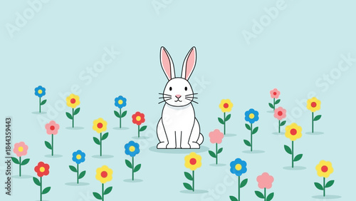 A serene white rabbit sits peacefully amidst a vibrant meadow of simple, colorful blooming flowers, embodying spring's gentle joy and natural harmony