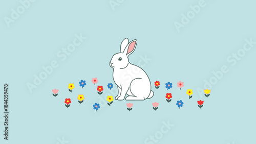 Charming white rabbit peacefully exploring a vibrant field of colorful spring flowers under a serene blue sky, a delightful minimalist illustration