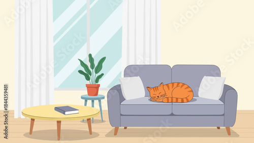 A contented orange tabby cat peacefully napping on a comfortable grey sofa, creating a cozy domestic scene in a modern living room, depicting quiet relaxation