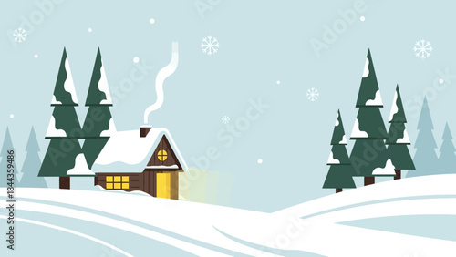 A picturesque winter landscape with a charming snow-covered cabin, surrounded by festive pine trees and gentle falling snow, evoking a sense of tranquil holiday coziness