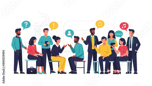 Diverse group of people actively engaged in a lively discussion and collaborative communication, fostering teamwork and idea exchange in a professional setting