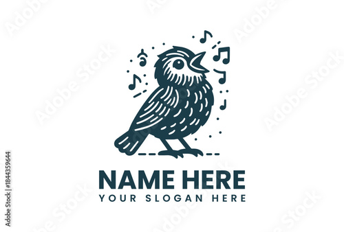 Vector illustration of a bird with musical notes and customizable text for a logo or branding template on a white background.