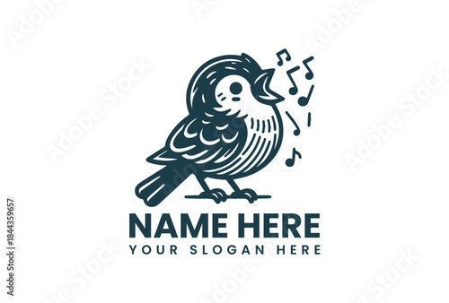 Vector illustration of a singing bird logo with musical notes and customizable text on a white background.