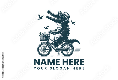 Vector illustration of a crocodile riding a bicycle with a basket, wearing a hat, surrounded by birds, on a white background, with a logo and slogan placeholder.