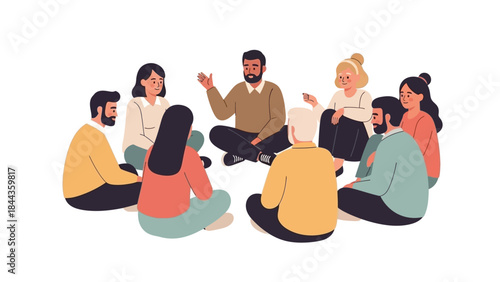 Diverse group of people sitting in a circle. Friends or colleagues having a discussion. Vector illustration of a meeting or team building activity. People communication concept. Flat style