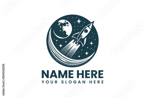A vector illustration of a rocket launching off a crescent moon with a stylized Earth and stars on a dark blue background, with a placeholder logo and slogan in a modern design.