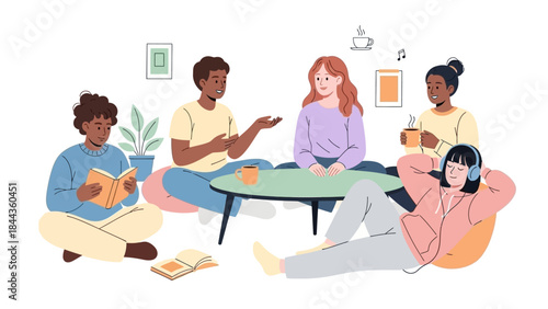 Diverse group of people socializing. Friends chatting and relaxing. Illustration of people sitting in a circle. Casual meeting or hangout. Vector graphic. People enjoying each other's