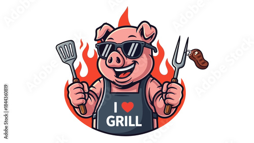 Happy Pig Chef with Grilling Utensils and Steak, Roaring Flames Background
