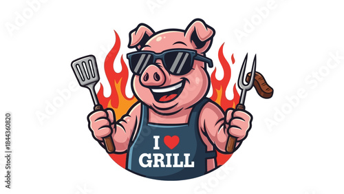 Happy Pig in Sunglasses with Grilling Utensils and Flames, I Love Grill Logo