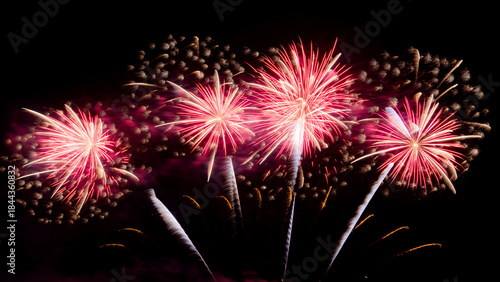 Amazing beautiful colorful firework display over sea on celebration night. Fireworks show for happy new year	