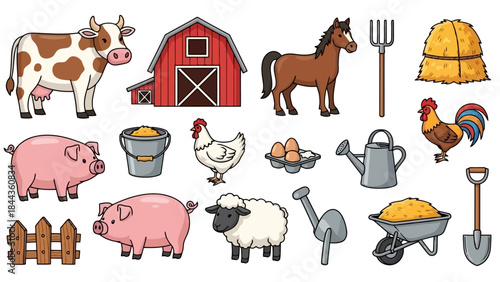Cute Farm Animals and Barn Scene Vector Illustration with Hay and Tools