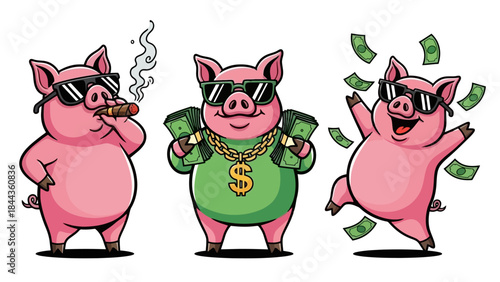 Three Cool Cartoon Pigs Wearing Sunglasses, One Smoking Cigar, One with Money