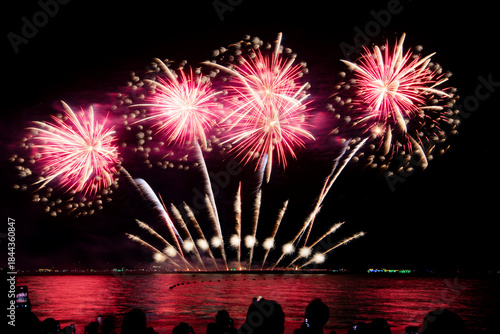 Amazing beautiful colorful firework display over sea on celebration night. Fireworks show for happy new year	
