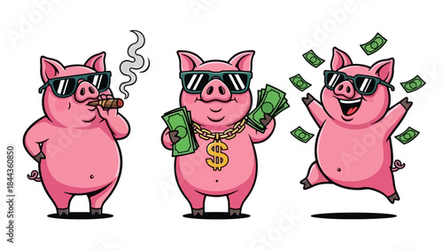 Funny Pigs in Sunglasses with Money and Cigars, Symbolizing Wealth and Success