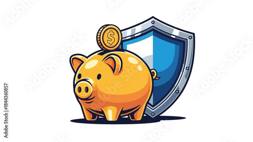 Golden Piggy Bank and Shield Symbolizing Financial Security and Savings Protection