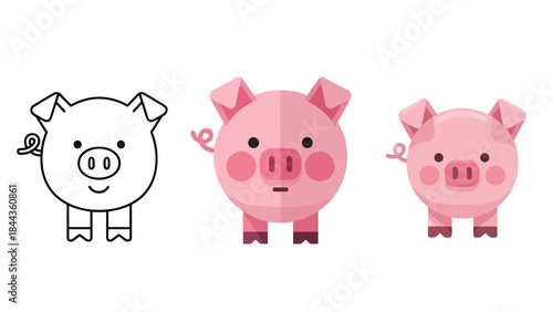 Three Cartoon Pigs: Outline, Flat Design, and Simple Vector Styles