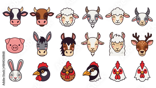 Cute Farm Animals and Livestock Heads Collection Vector Illustration