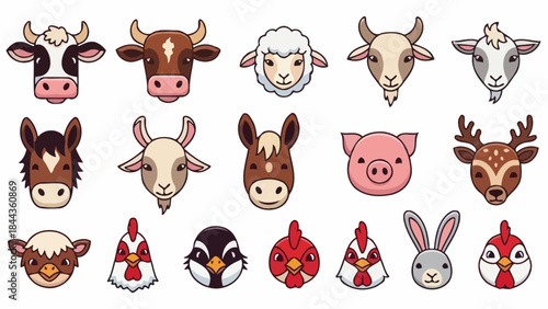 Collection of Farm Animal Faces, Vector Icons for Livestock and Pets
